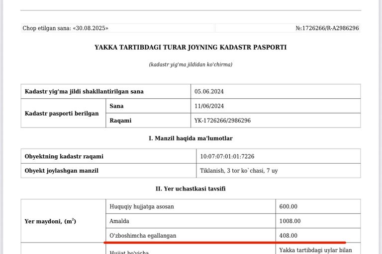 Ҳовли уй, 1008 м², 3 қават, 10 сот.