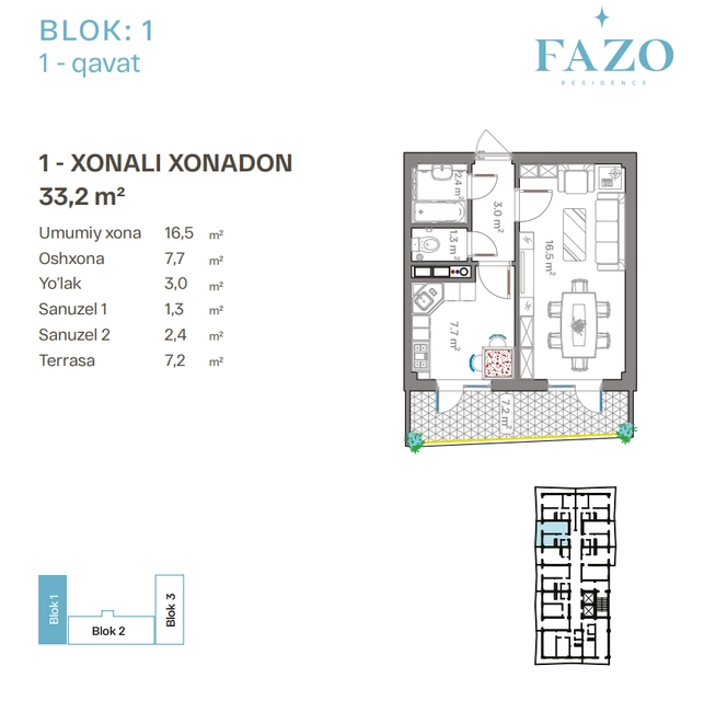 1 хонали, 33.2 м², 1-қават/9