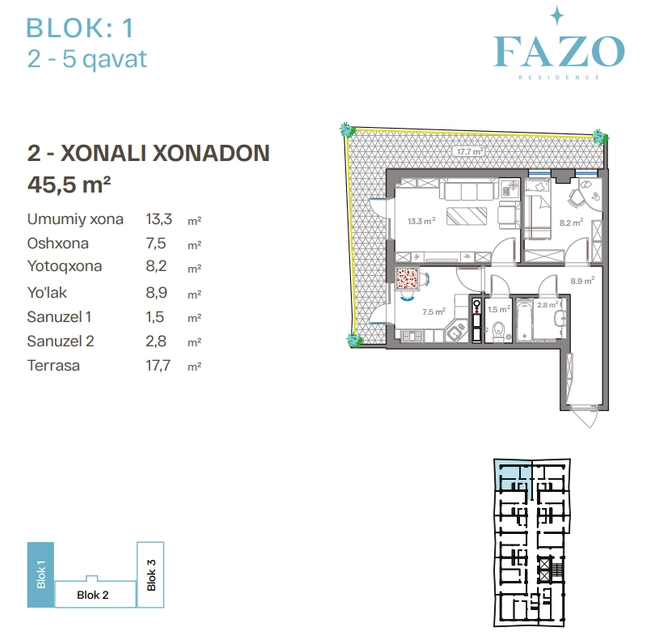 2 хонали, 45.5 м², 2-қават/9