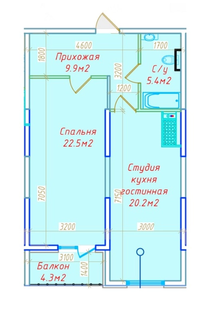 2 хонали, 62.3 м², 1-қават/16